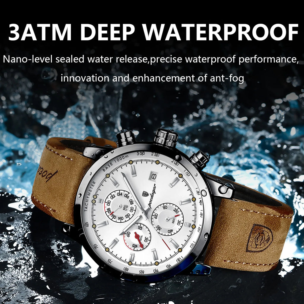 Poedagar 932 Men's Watch Luxury Leather Strap Chronograph Waterproof Quartz Watches Luminous Wristwatch for Men Reloj Wholesale