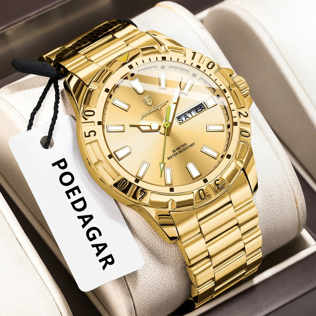 Poedagar 959 Men's Quartz Watch Two-Tone Stainless Steel Business Wristwatch Herrenuhr Waterproof Luminous Date Watch for Men