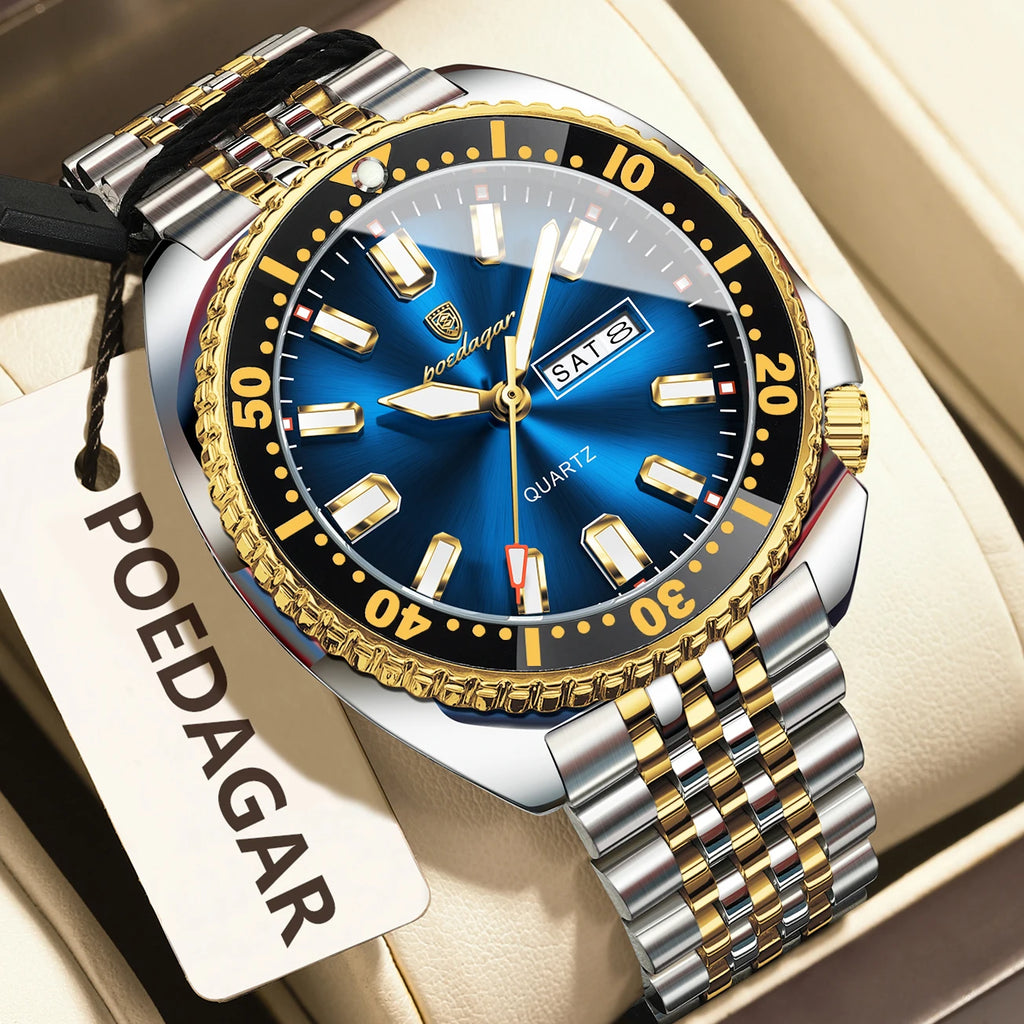 Poedagar 682 Men Watch Luxury Sport Rotating Bezel Date Day Stainless Steel Quartz Wristwatch Ready to Ship Factory Direct Sale