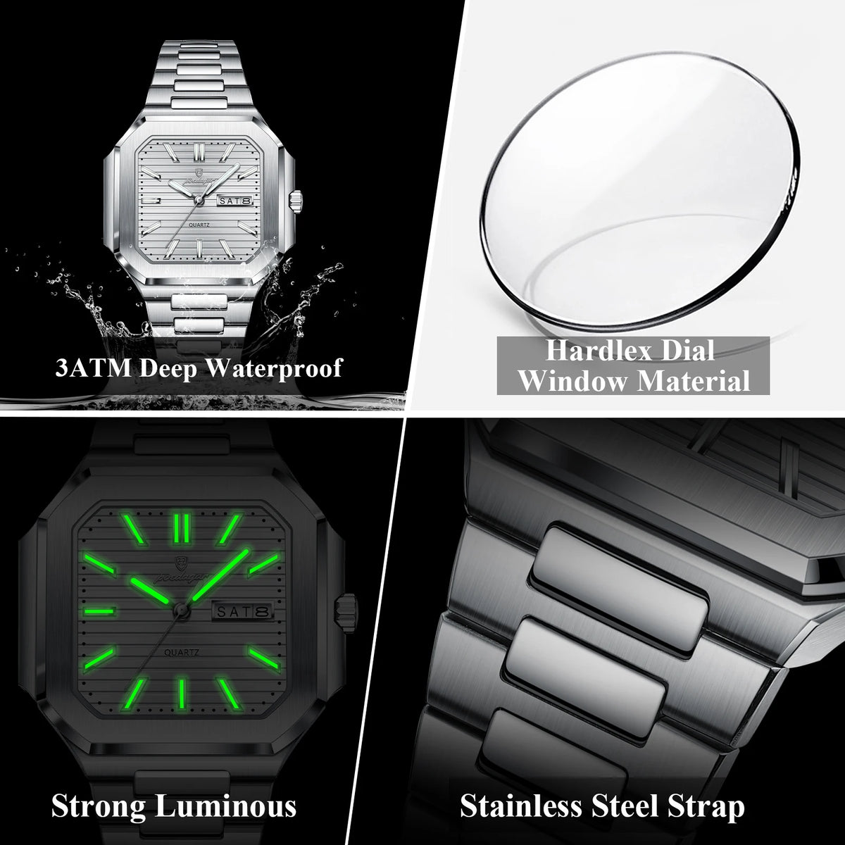Poedagar 672 Men's Watch Luxury Business Stainless Steel Quartz Wristwatch Square Case Waterproof Luminous DateWatch for Men