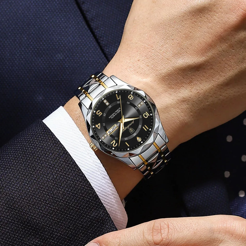 Poedagar 858 Luxury Mens Watch Waterproof Luminous Montre Date Week Moissanite Quartz Watches Stainless Steel Watches for Men