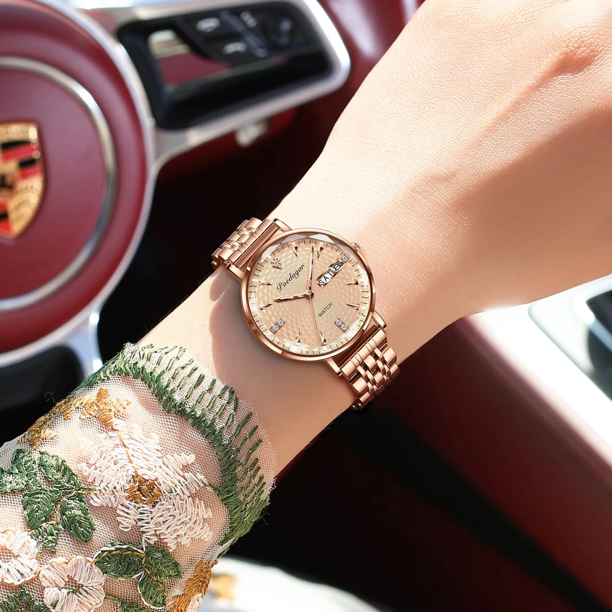 Poedagar 312 Luxury Ladies Watch & Bracelet Gift Set Waterproof Date Week Quartz Women's Watches Stainless Steel Watch for Girl