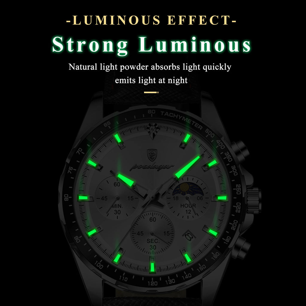 Poedagar 879 Reloj Waterproof Luminous Sport Genuine Leather Quartz Watch for Men