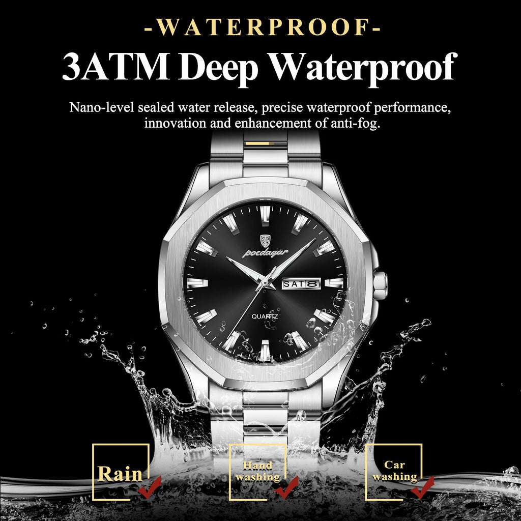 Poedagar 875 Luxury Mens Watch Business Octagonal Case Stainless Steel Quartz Watch Reloj Luminous Waterproof Wristwatch for Men
