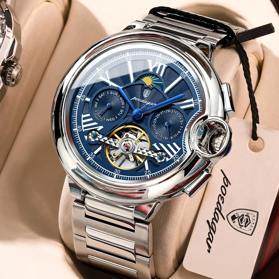 Poedagar 1413 Luxury Men's Mechanical Watch Fashion Hollow Tourbillon Montre Waterproof Stainless Steel Automatic Watch for Men