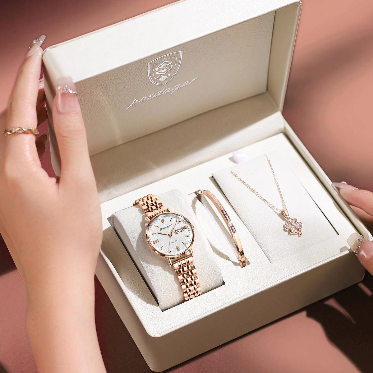 Poedagar 312 Luxury Ladies Watch & Bracelet Gift Set Waterproof Date Week Quartz Women's Watches Stainless Steel Watch for Girl