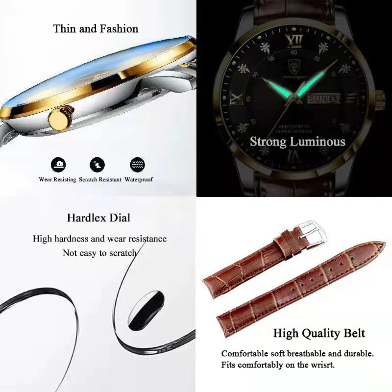 Poedagar Watch for Men Fashion Quartz Watches Diamond Leather Watches Men Wrist Waterproof Luminous Calendar Relojes Hombre
