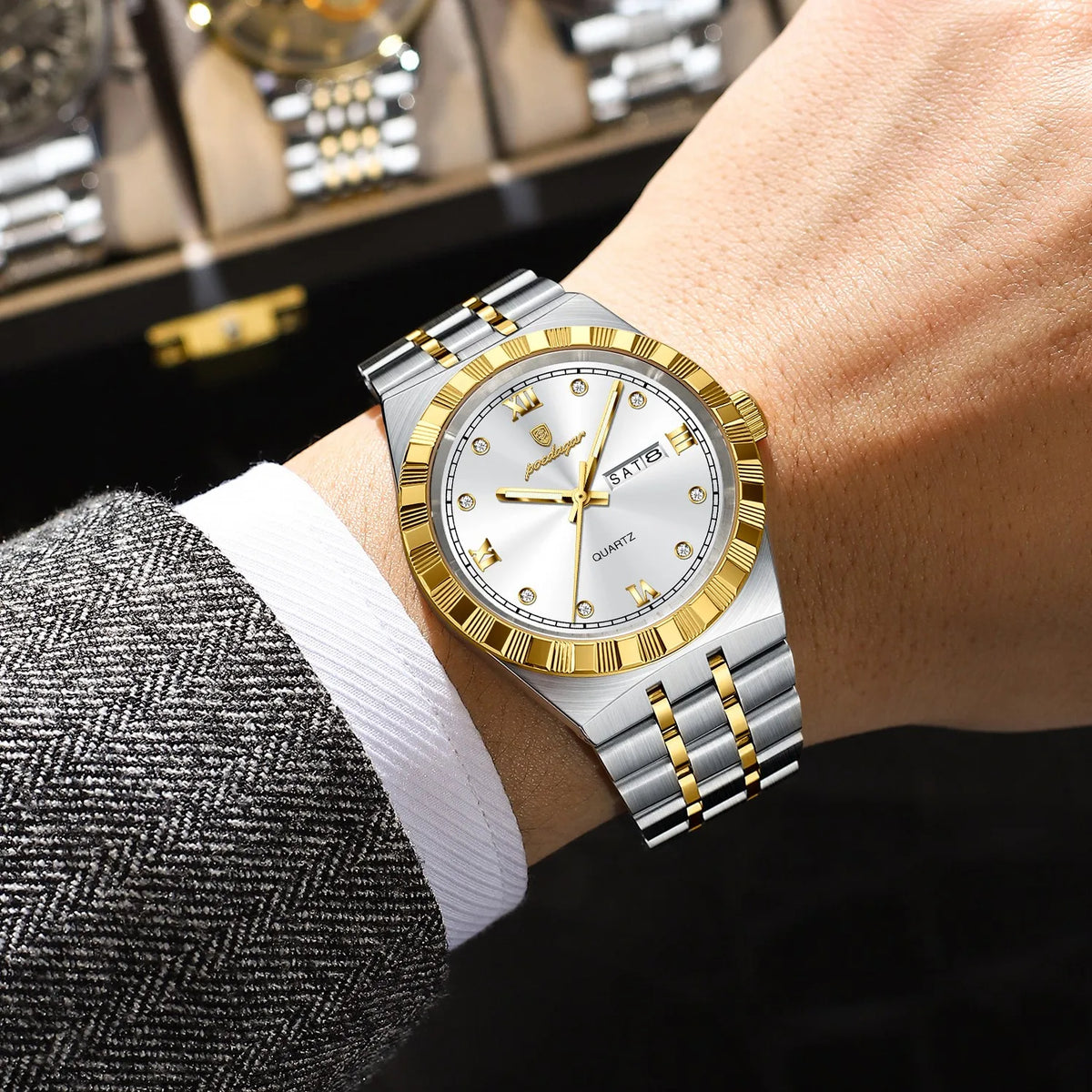 Poedagar 872 Luxury Men's Watch Week Date Waterproof Quartz Watch Luminous Stainless Steel Wristwatch for Men