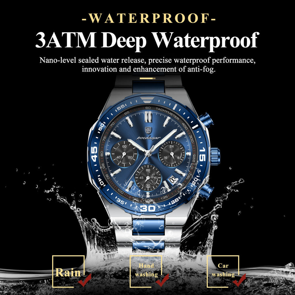 Poedagar 697 Business Luminous Waterproof Wristwatch Stainless Steel Strap Chronograph Men's Quartz Watch