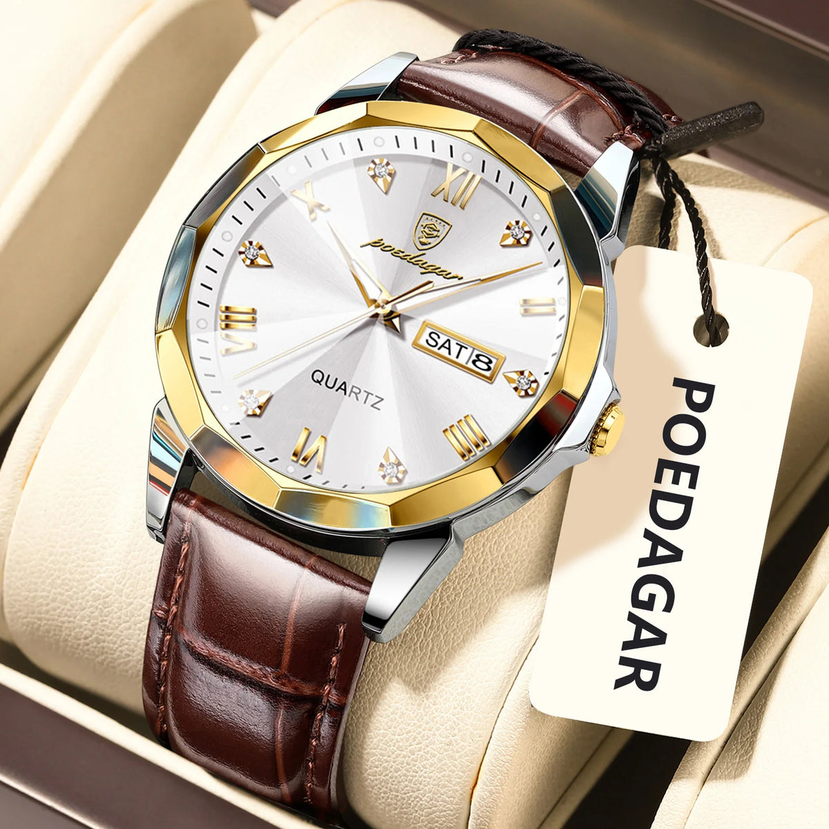 Poedagar 810 Men's Watch Luxury Leather Strap Quartz Watches Date Week Moissanite Watch Waterproof Luminous Casual Watch for Men