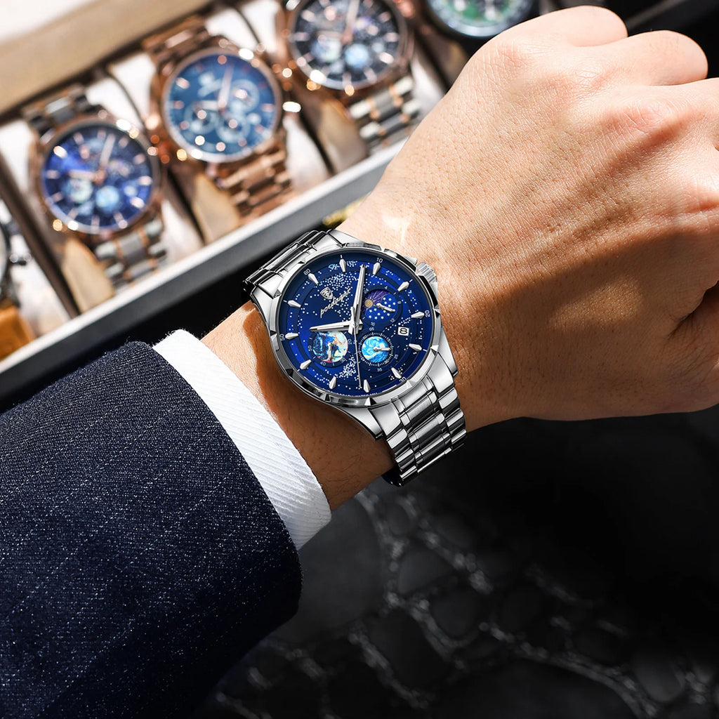Poedagar Fashion Star Dial Watch for Men Luxury Stainless Steel Watch Wrist Waterproof Luminous Date Quartz Watches