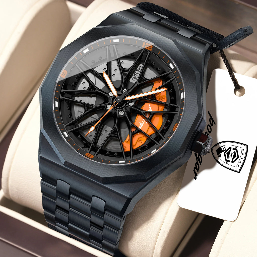 Poedagar 809 Mens Quartz Watches 3D Rotating Wheel Hub Wristwatch Stainless Steel Band Sports Waterproof Watch Relogio Masculino