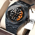Poedagar 809 Mens Quartz Watch Luxury 3D Rotating Car Wheel Hub Stainless Steel Band Sports Wristwatch for Men Wholesale Reloj