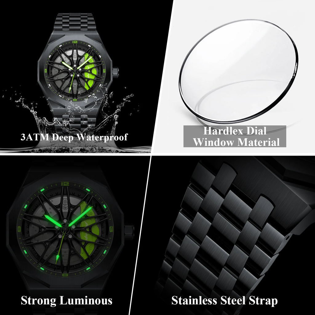 Poedagar 809 Mens Quartz Watch Luxury 3D Rotating Car Wheel Hub Stainless Steel Band Sports Wristwatch for Men Wholesale Reloj
