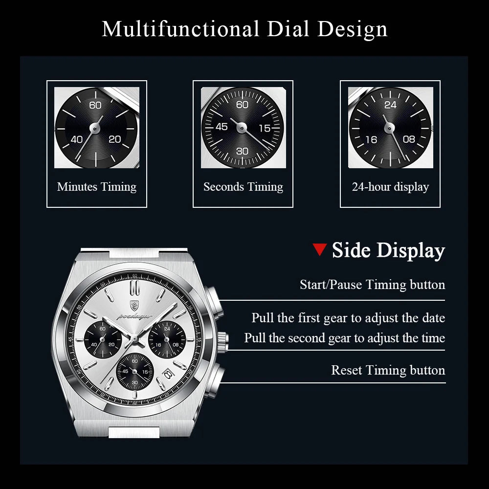 Poedagar 970 Luxury Men Quartz Watch Waterproof Luminous Wristwatch Chronograph Stainless Steel Reloj Montre Homme Watch for Men