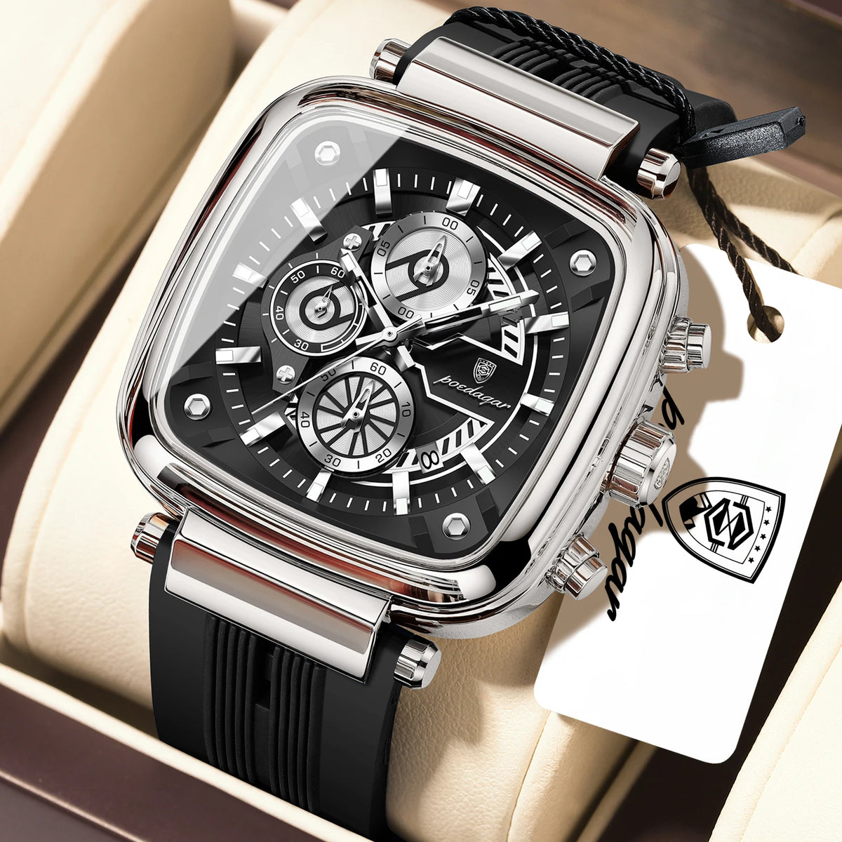 Poedagar 849 Mens Chronograph Watch 3ATM Waterproof Luminous Square Quartz Luxury Wristwatch Guangzhou Factory Direct Wholesale