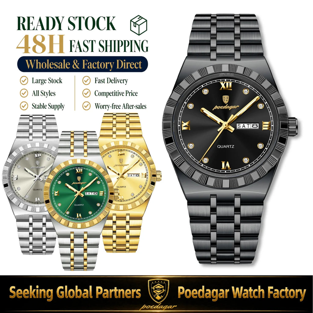 Poedagar 872 Luxury Men's Watch Business Week Date Waterproof Luminous Quartz Montre Stainless Steel Casual Wristwatch for Men