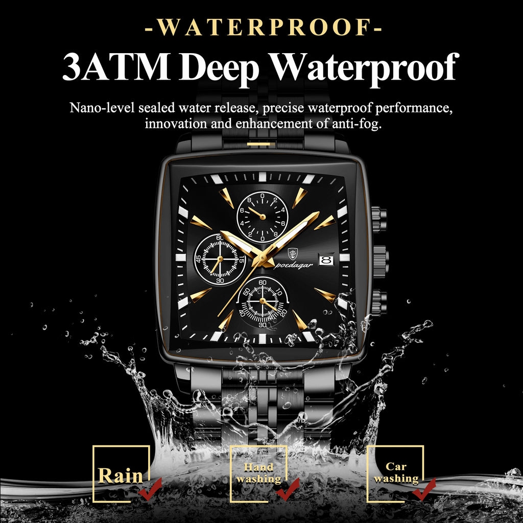 Poedagar 866 Business Sport Men Watch Square Dial 3-Eye Chronograph Stainless Steel Luminous Waterproof Fashion Reloj Wristwatch