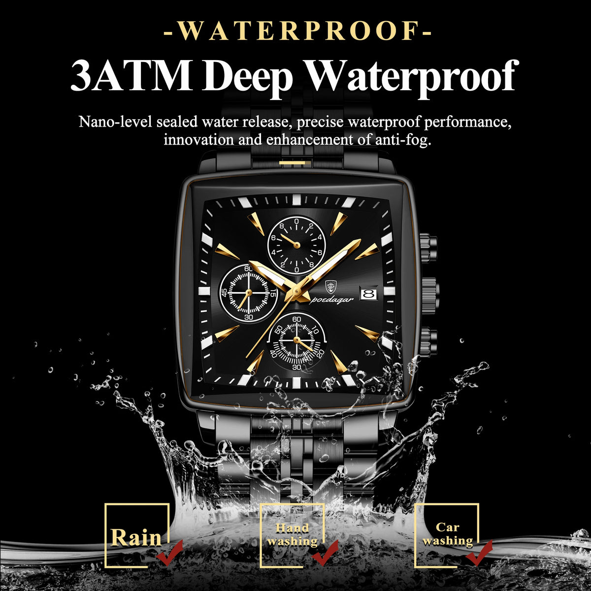 Poedagar 866 Business Sport Men Watch Square Dial 3-Eye Chronograph Stainless Steel Luminous Waterproof Fashion Reloj Wristwatch