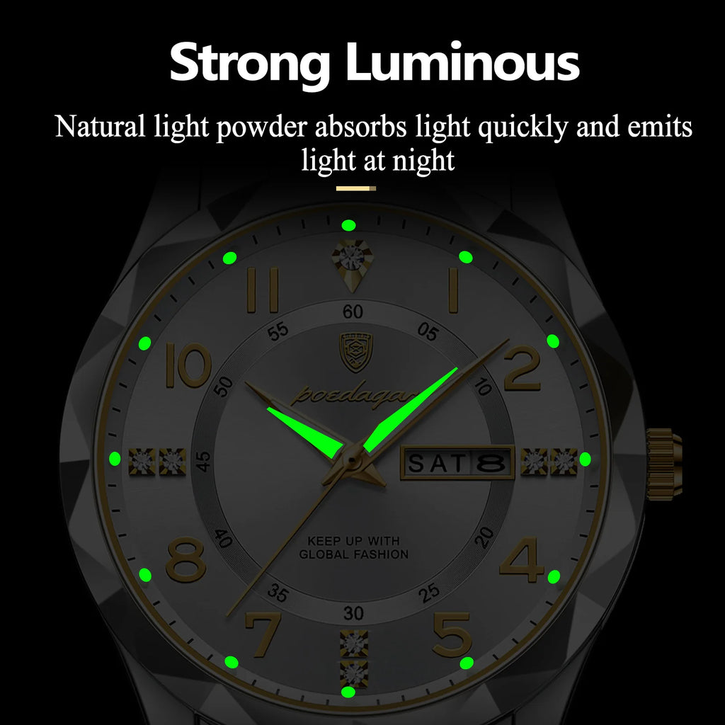 Poedagar 858 Watch for Men Luxury Waterproof Luminous Quartz Watches Date Week Moissanite Reloj Stainless Steel Men Watch