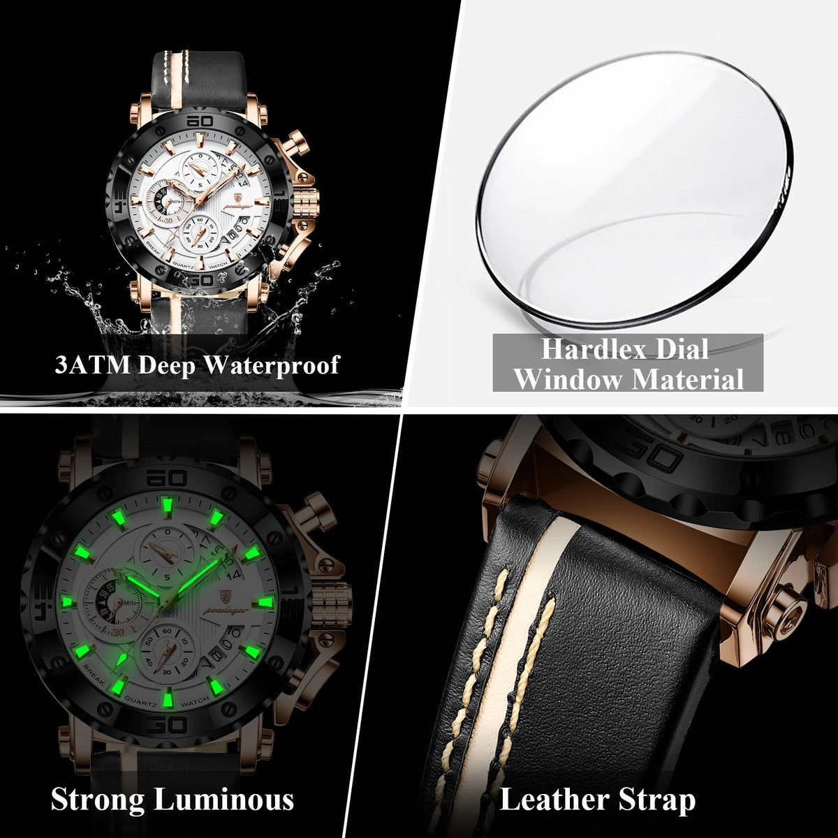 Poedagar 892 Luxury Men's Quartz Watches Trendy Leather Strap Chronograph Reloj Luminous Waterproof Montre Homme Watch for Men