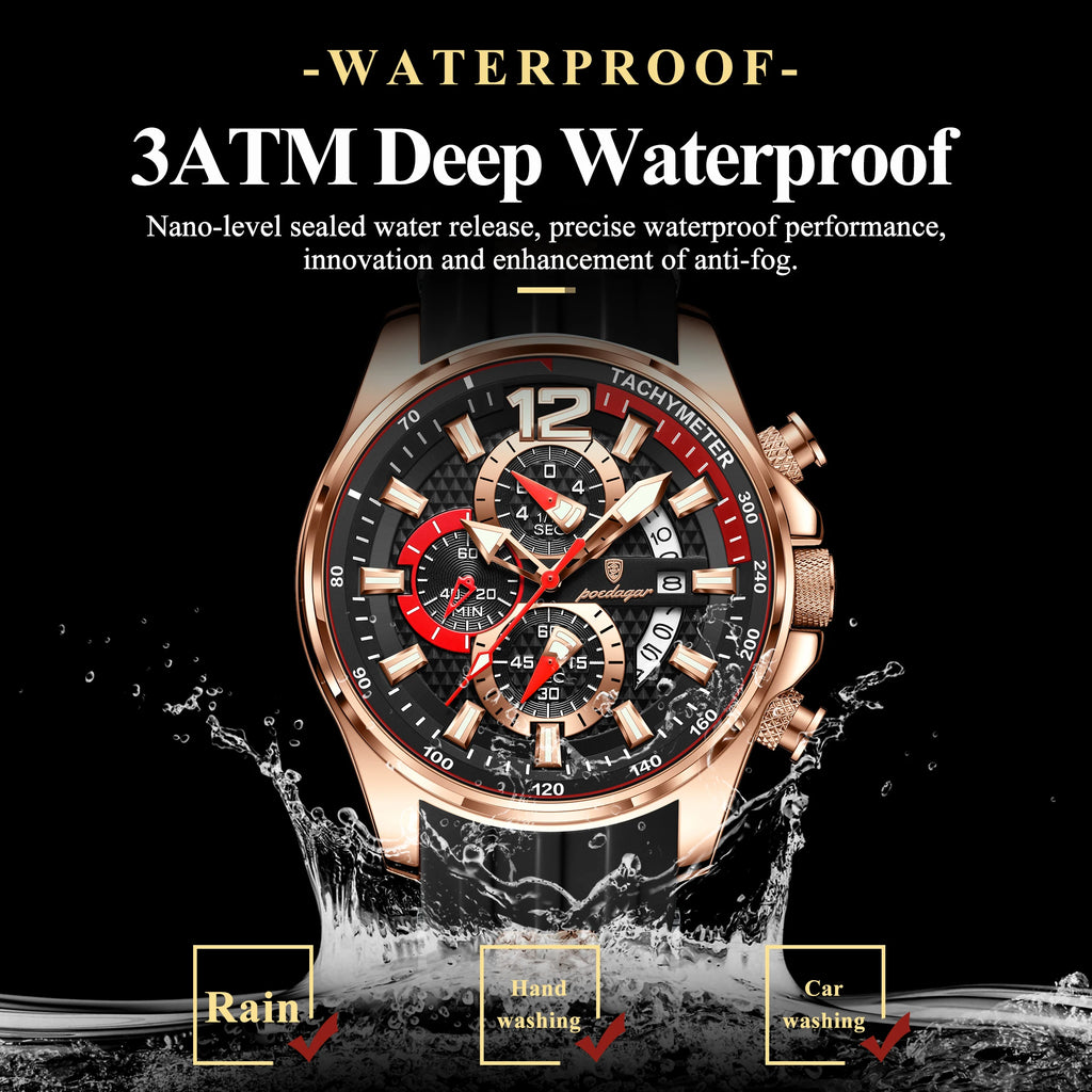 Poedagar 898 Men Sports Watch Chronograph Quartz Wristwatch Silicone Strap Trendy Reloj Luminous Waterproof Watch for Men