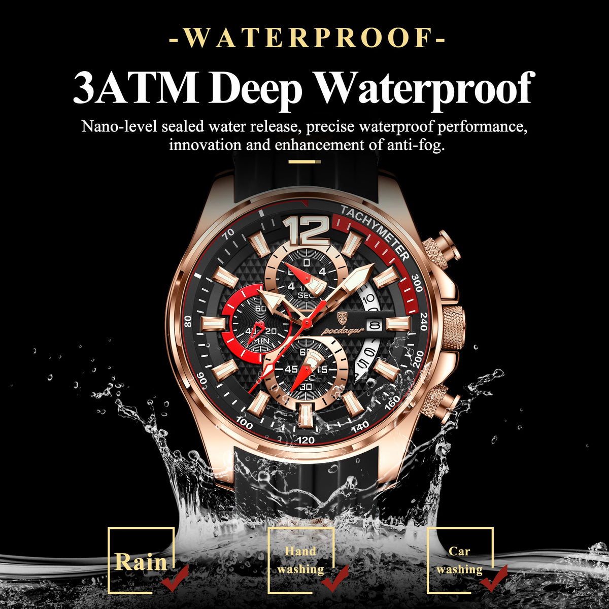 Poedagar 898 Men Sports Watch Chronograph Quartz Wristwatch Silicone Strap Trendy Reloj Luminous Waterproof Watch for Men