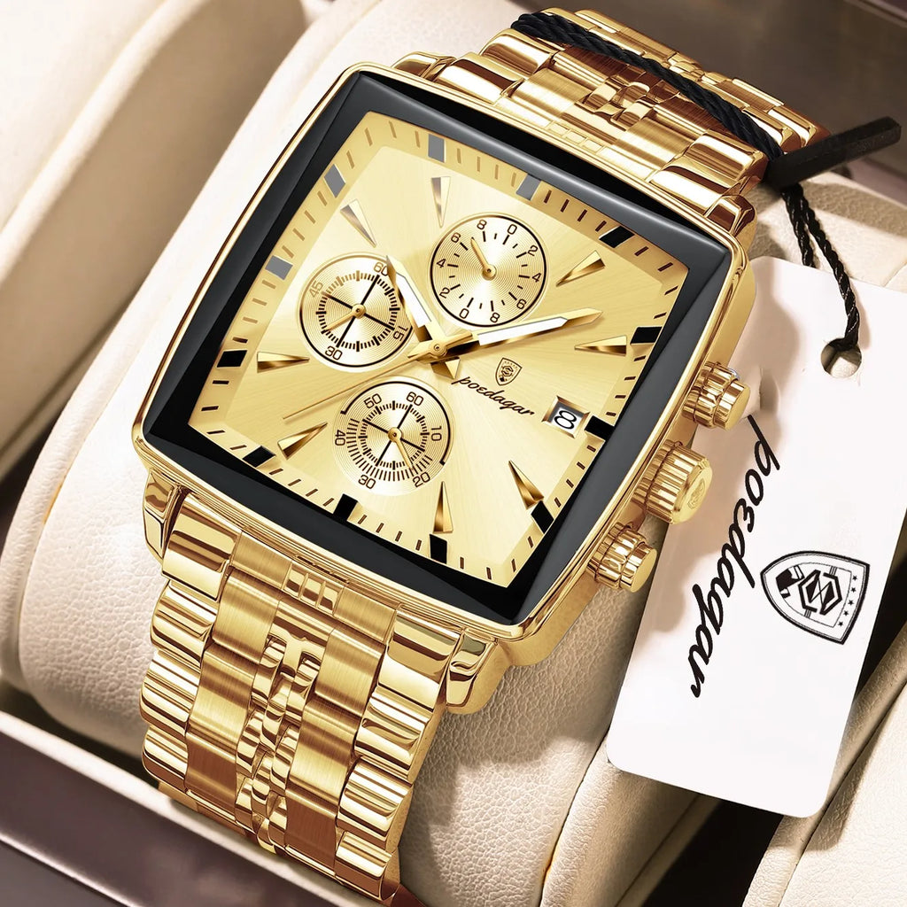 Poedagar 866 Luxury Men Watch All Gold Tone Square Chronograph Stainless Steel Luminous Waterproof Business Montre Wristwatch