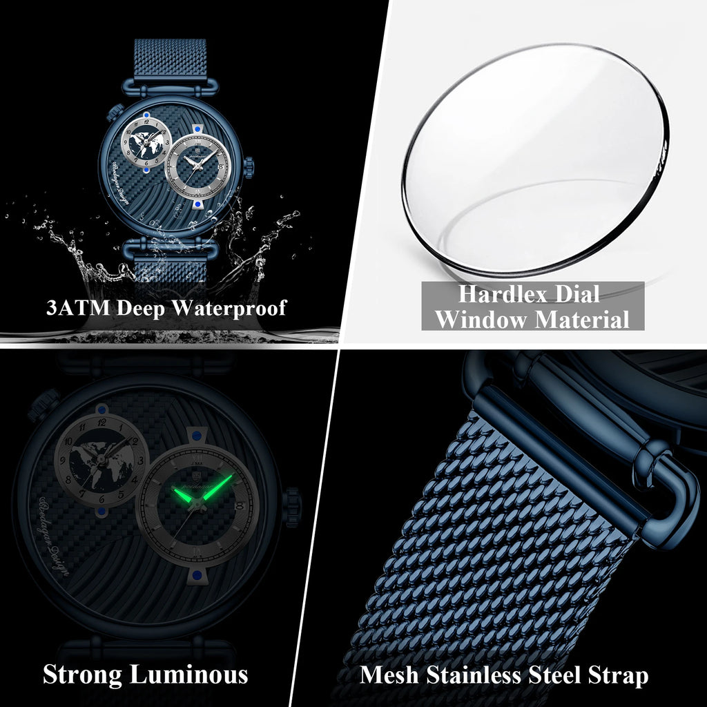 Poedagar 848 Men's Dress Quartz Watch Dual Time Zone Mesh Stainless Steel Luminous 3ATM Waterproof Business Orologio Uomo