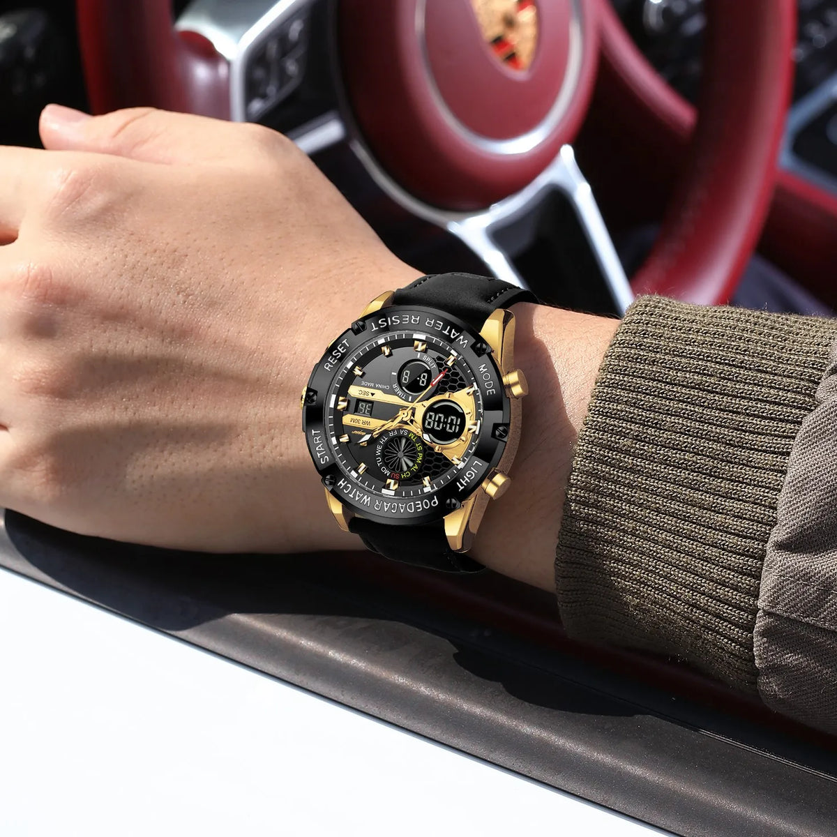 Poedagar E125 Mens Watch Dual Display Digital Analog Waterproof Montre Homme Luminous Leather Strap Sports Wristwatch for Men