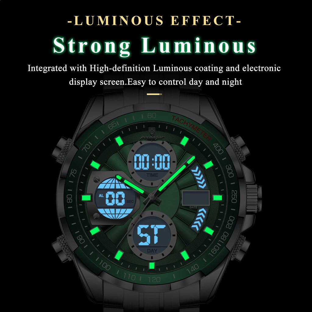 Poedagar E108 Multifunction Chronograph Alarm Stainless Steel Strap Men's Quartz Watch with 30M Waterproof Luminous