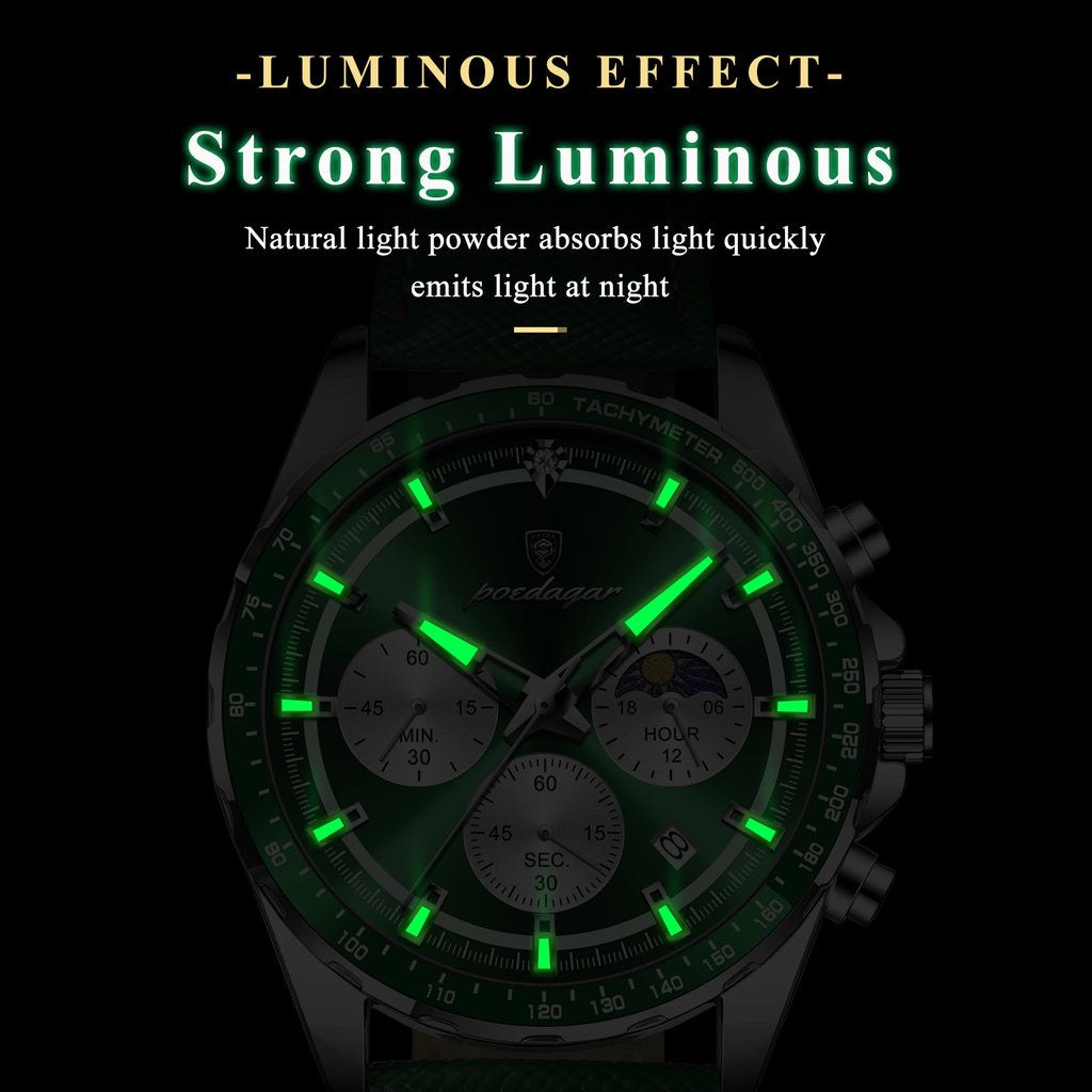 Poedagar 879 Men's Watch Luxury Genuine Leather Strap Chronograph Quartz Watches Montre Luminous Waterproof Sport Watch for Men