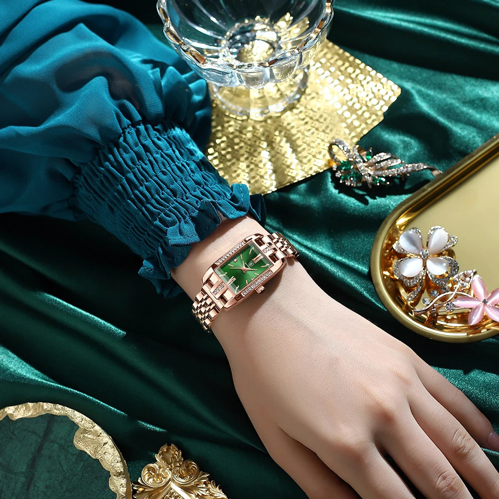 Poedagar Green square Watch for Women Luxury Stainless Steel Ladies Quartz Watches Waterproof Fashion Brand Ladies Watches Wrist