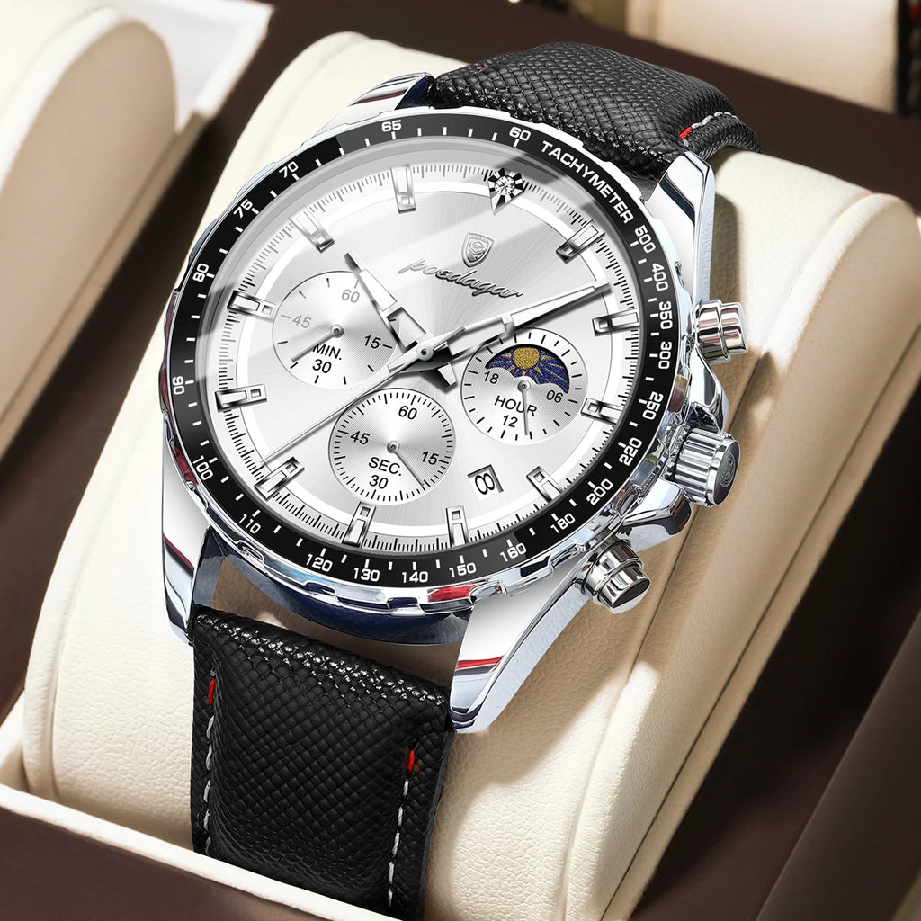 Poedagar 879 Mens Chronograph Watch Genuine Leather Tachymeter Blue Dial Quartz Wristwatch Waterproof Luminous Sport Watches
