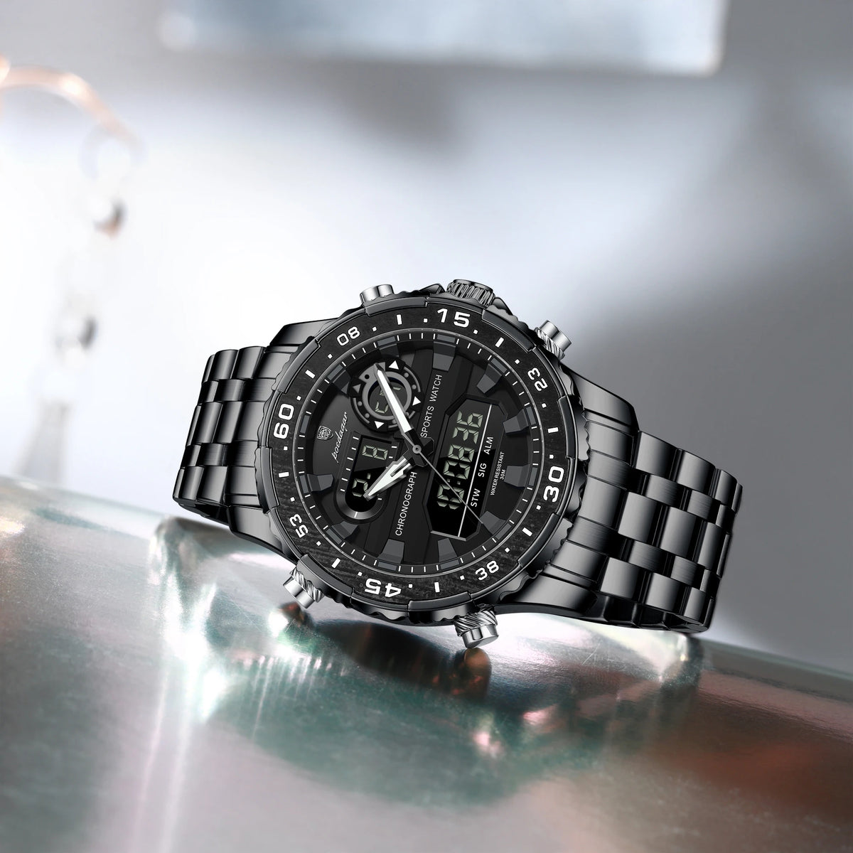 Poedagar E122 Men's Fashion Quartz Watch 46MM Dial Stainless Steel Waterproof Wristwatch for Daily Business Casual Wear