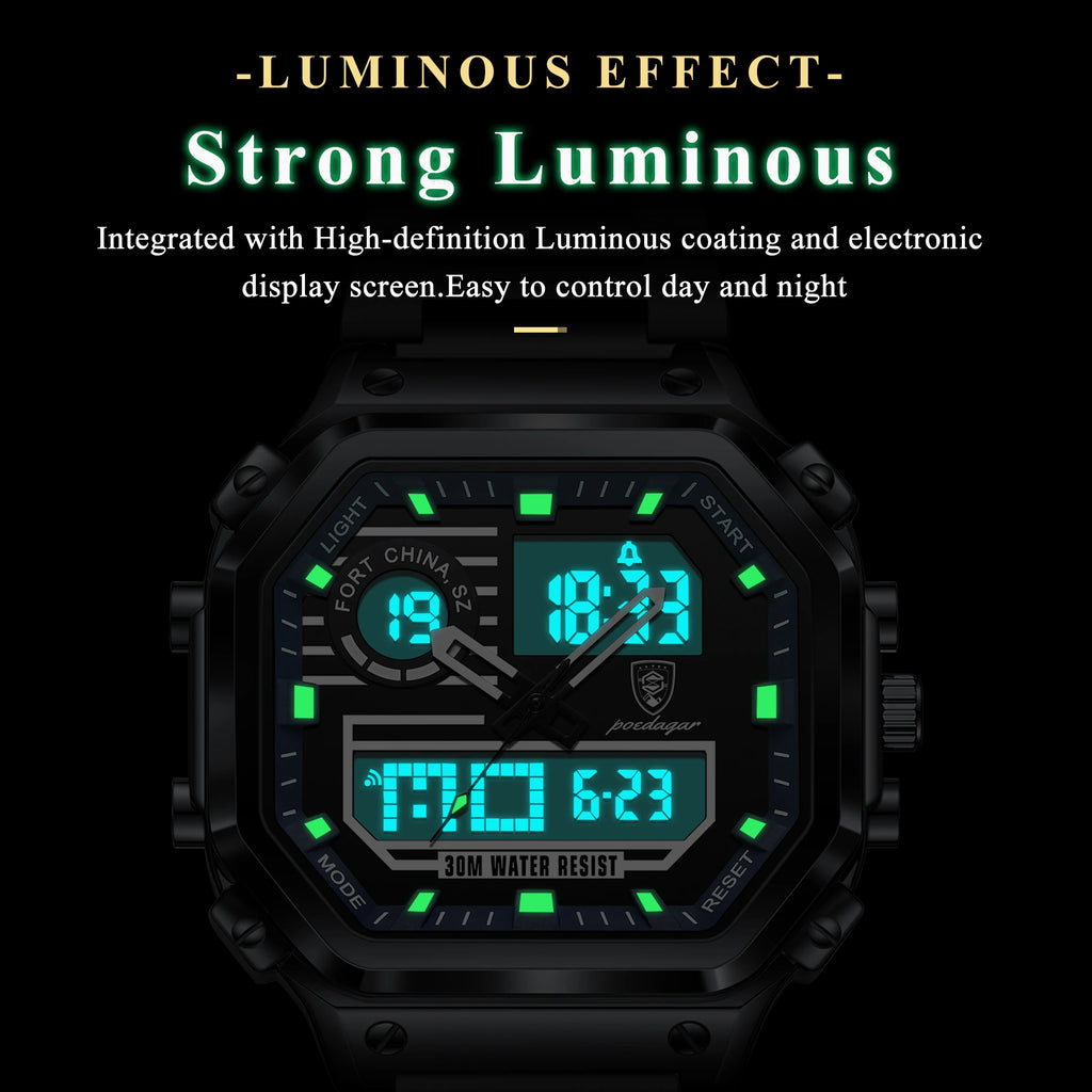 Poedagar Men's Multi-function Electronic Quartz Watch Dual Display LED Night Light Waterproof Watch for Men
