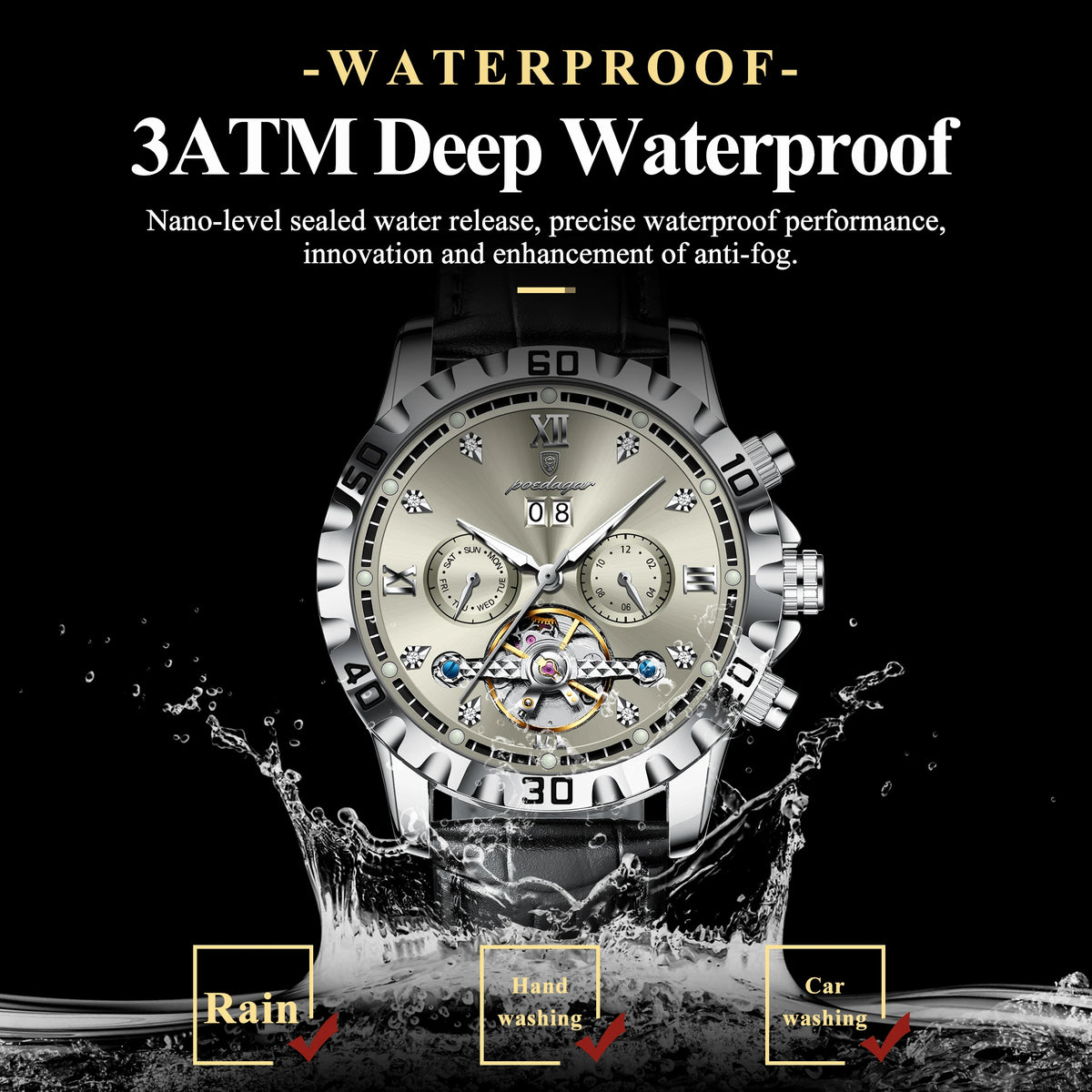 Poedagar 1418 Luxury Automatic Men Wristwatch Leather Hollow Tourbillon Mechanical Watch