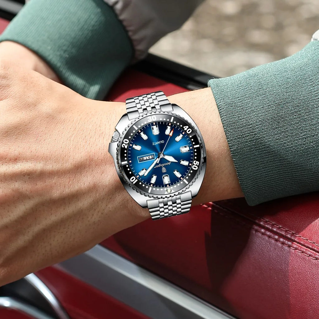 Poedagar 682 Business Casual Men Watch Rotating Bezel Date Day Luminous Waterproof Stainless Steel Quartz Wristwatch Montre
