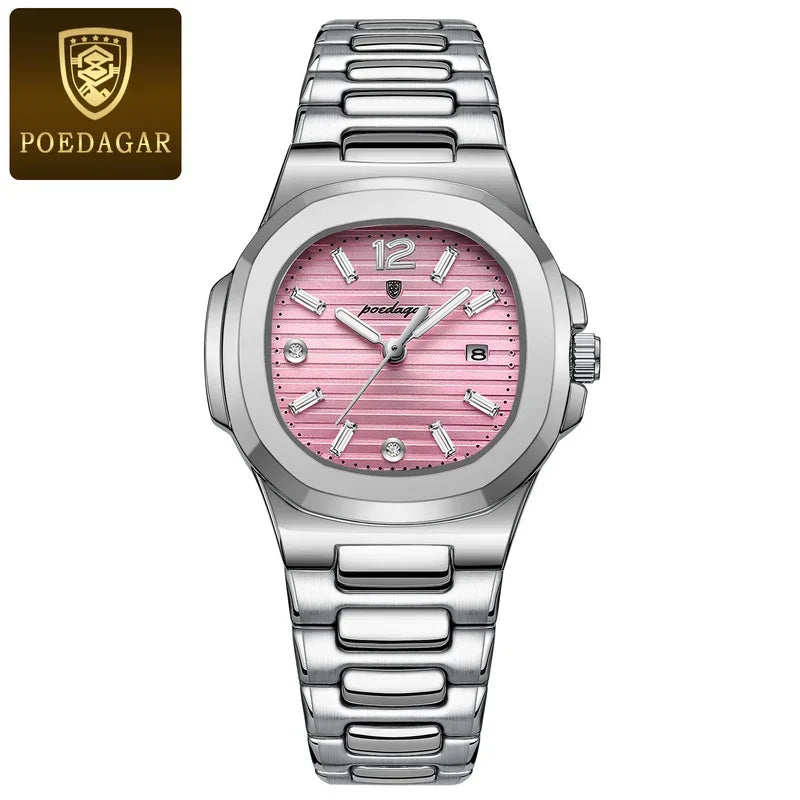 Poedagar Factory Wholesale Montre Female Square Stainless Steel Ladies Quartz Watches Waterproof Luminous Date Watch for Women