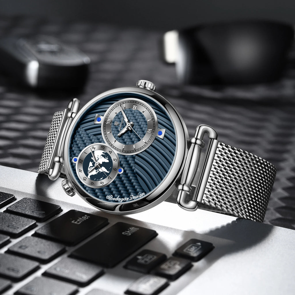 Poedagar 848 Men's Formal Quartz Watch Dual Time Zone Mesh Stainless Steel Luminous 3ATM Waterproof Business Montre Homme