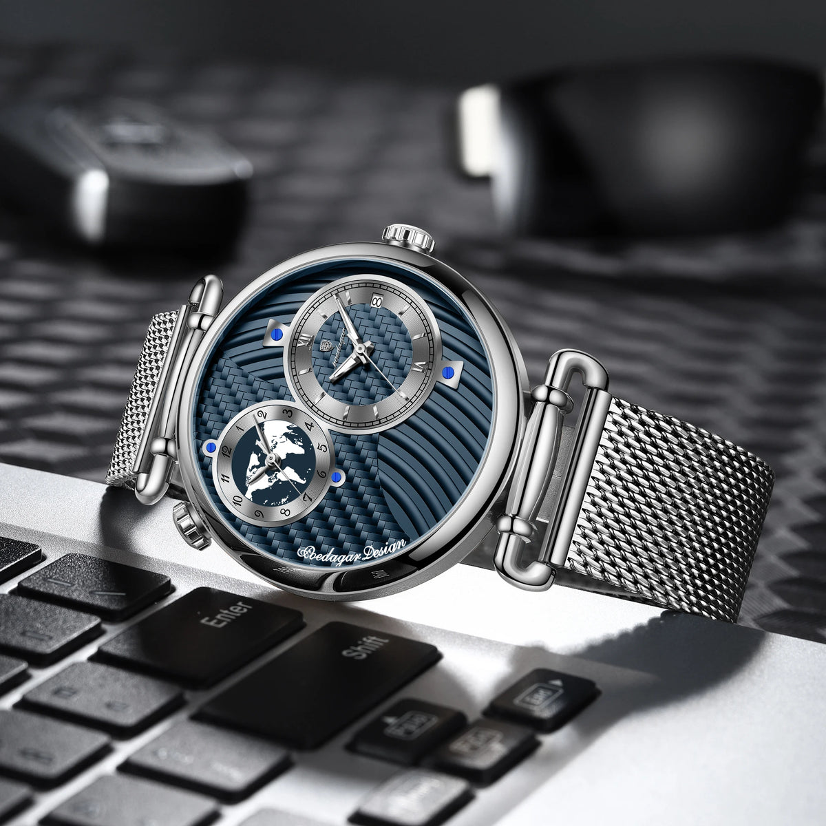 Poedagar 848 Men's Formal Quartz Watch Dual Time Zone Mesh Stainless Steel Luminous 3ATM Waterproof Business Montre Homme