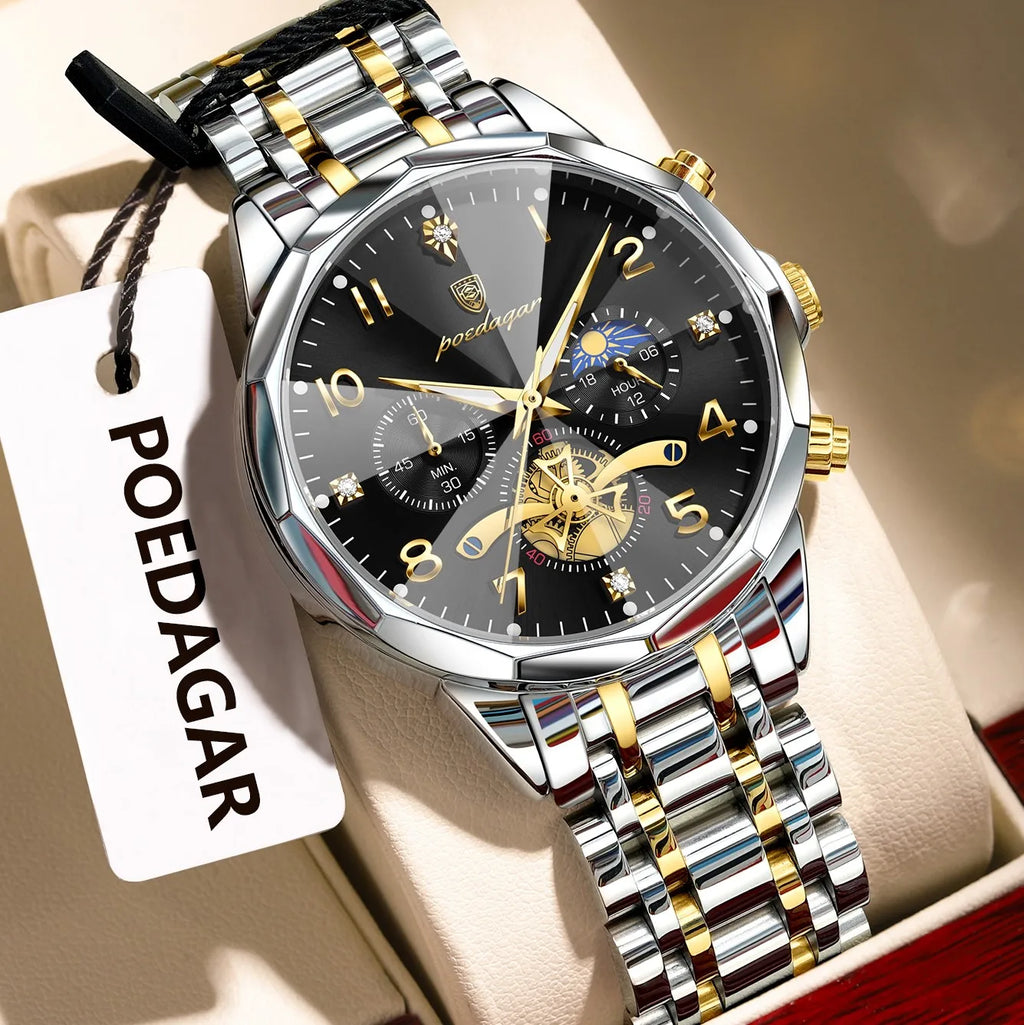 Poedagar 939 Luxury Men's Quartz Watch Stainless Steel Chronograph Watch for Men Luminous Waterproof Business Reloj Hombre