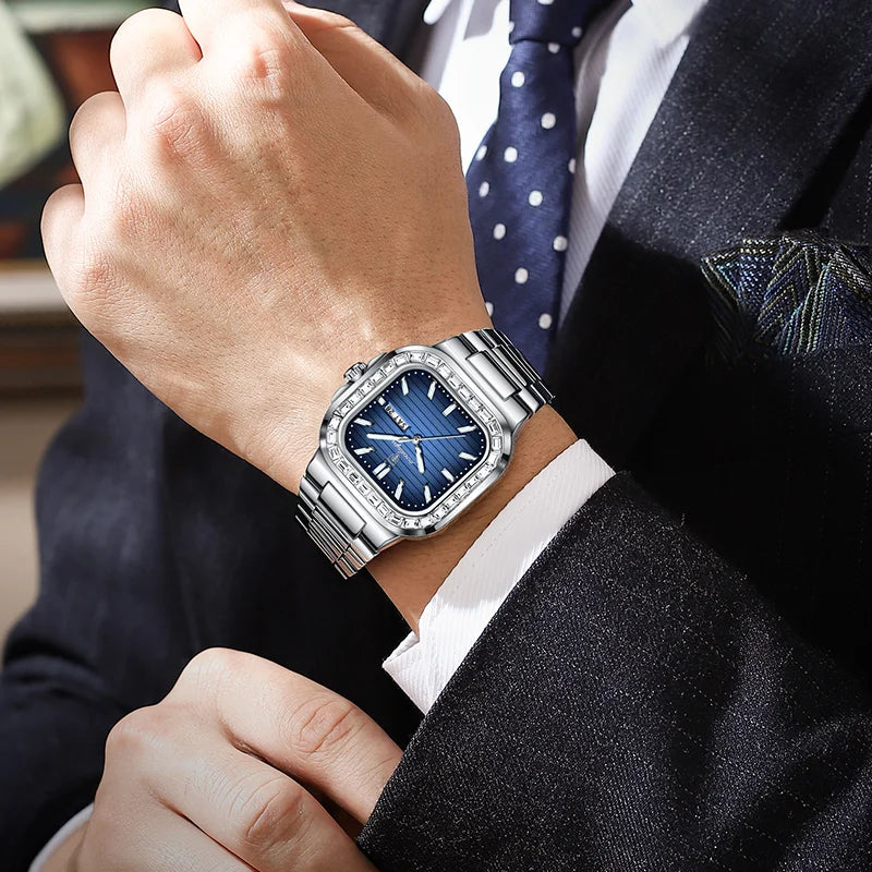 Poedagar New Arrival Waterproof Luxury Square Quartz Watch Luminous Stainless Steel Watch for Men