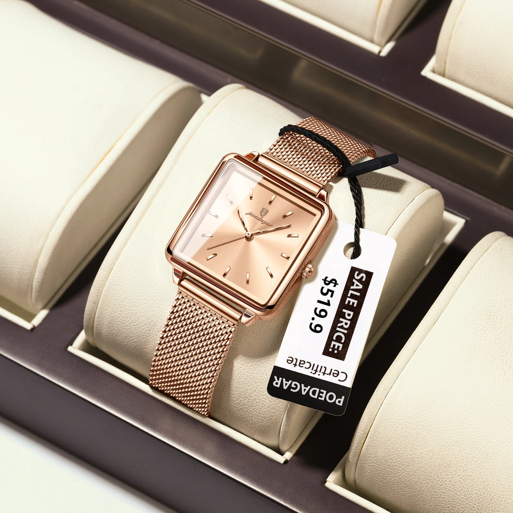 Poedagar Factory Wholesale Rose Gold Square Dial Women Quartz Watch Luxury Stainless Steel Mesh Belt Waterproof Ladies Watch