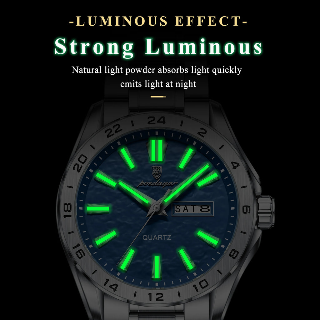 Poedagar 683 Dual Calendar Waterproof Luminous Watch for Men Business Round Dial Stainless Steel Strap Men's Quartz Watch