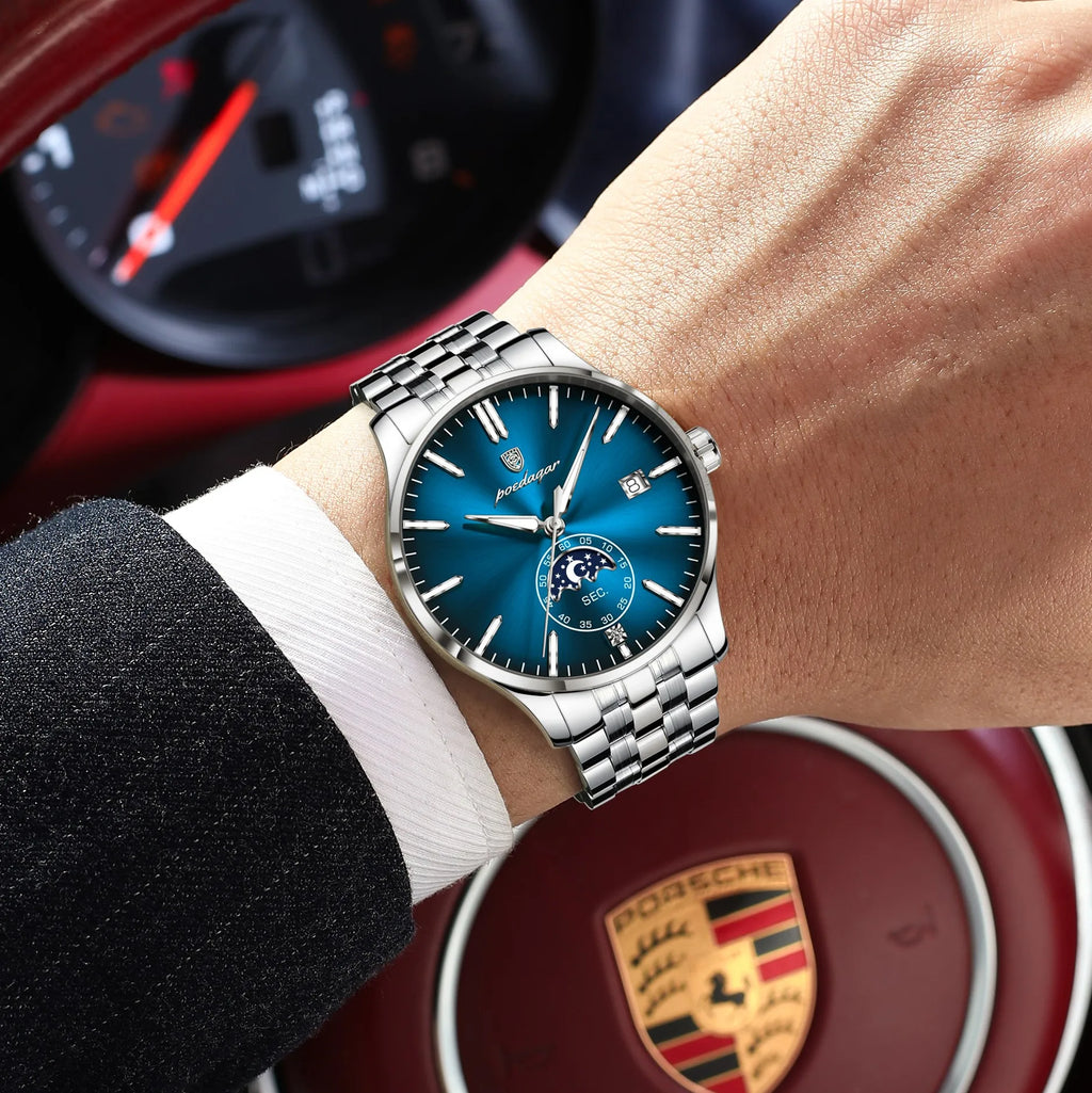 Poedagar 854 Mens Quartz Watch Luxury Stainless Steel Band Moon Phase Date Montre Wristwatch Waterproof Business Watch for Men