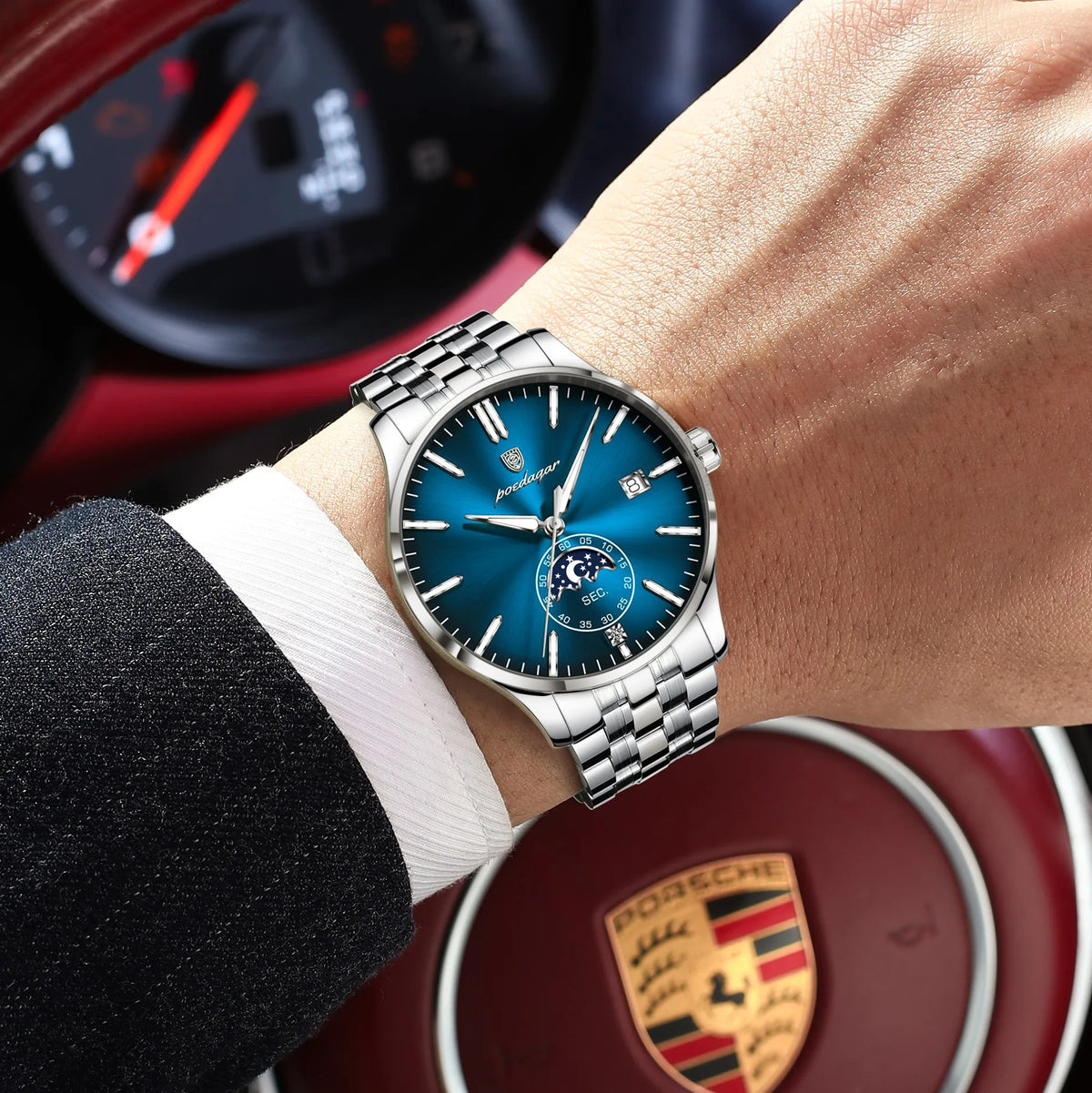 Poedagar 854 Mens Quartz Watch Luxury Stainless Steel Band Moon Phase Date Montre Wristwatch Waterproof Business Watch for Men