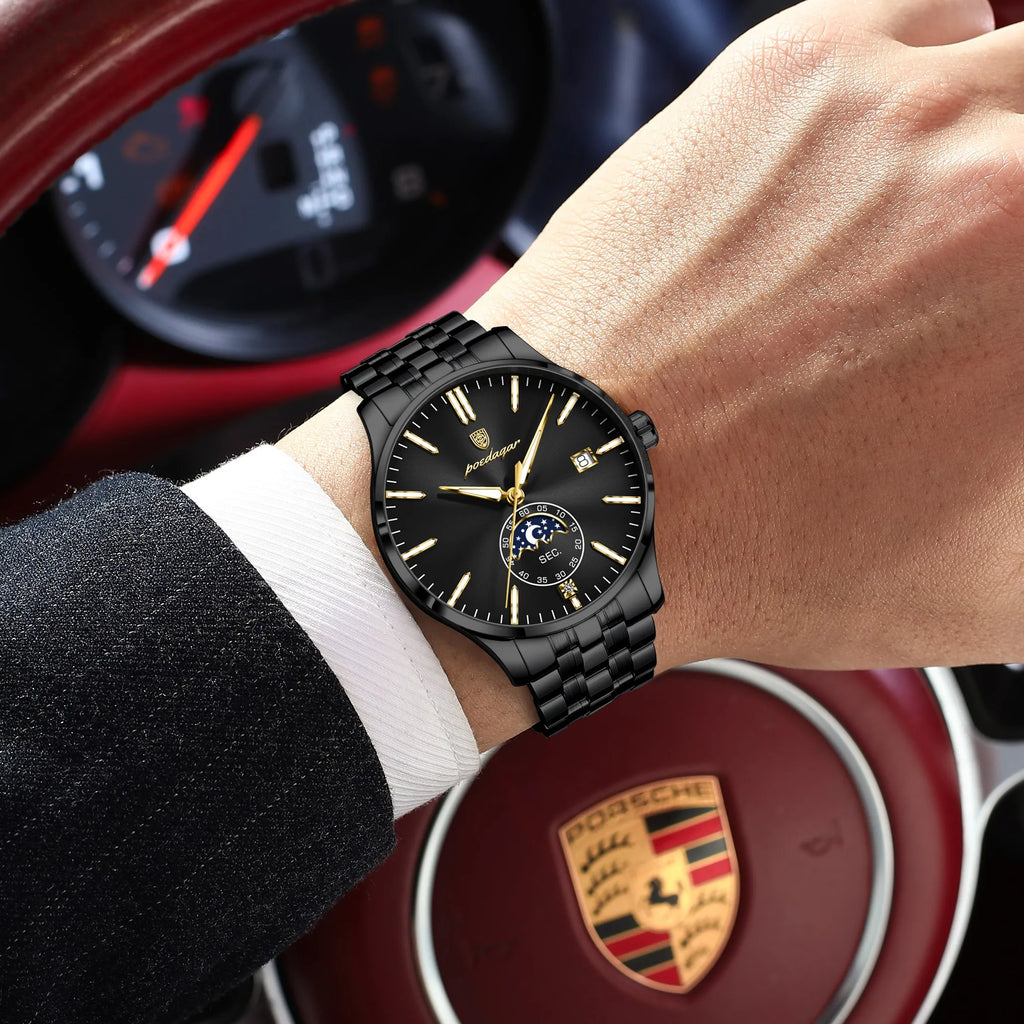 Poedagar 854 Men's Watch Stainless Steel Bracelet Moon Phase Watch Reloj Hombre Calendar Waterproof Business Wristwatch for Men