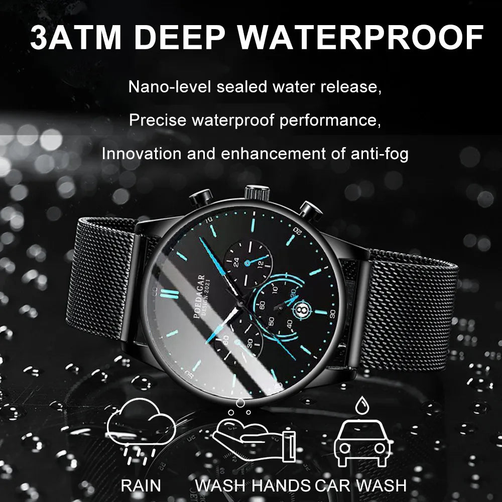 Poedagar Stainless Steel Mesh Watches Men Wrist Sport Chronograph Quartz Watches Waterproof Luminous Watch for Men Relojes Hombr