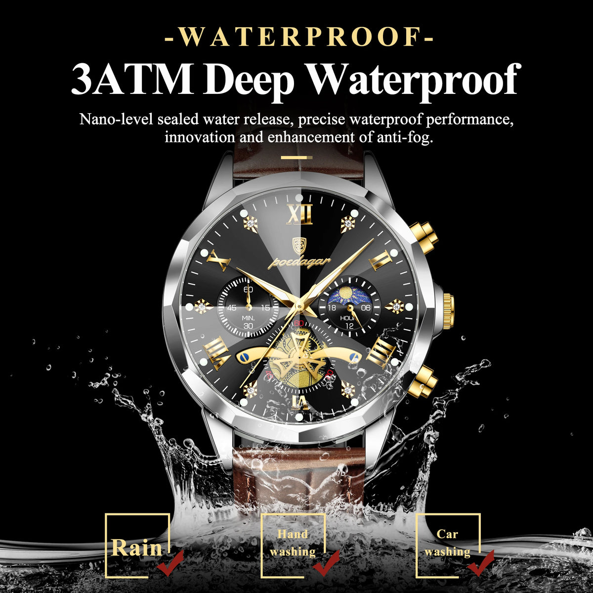 Poedagar 938 Men's Quartz Watches Luxury Leather Strap Waterproof Quartz Watch Reloj Hombre Luminous Chronograph Watch for Men